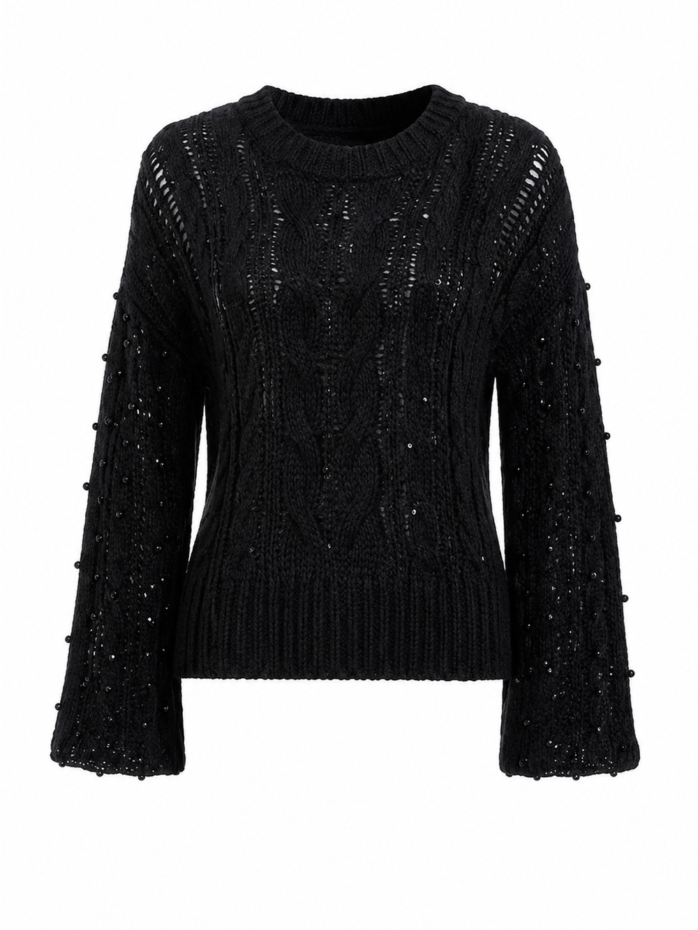 Neiman Marcus Black Beaded Cable-Knit Crewneck Sweater